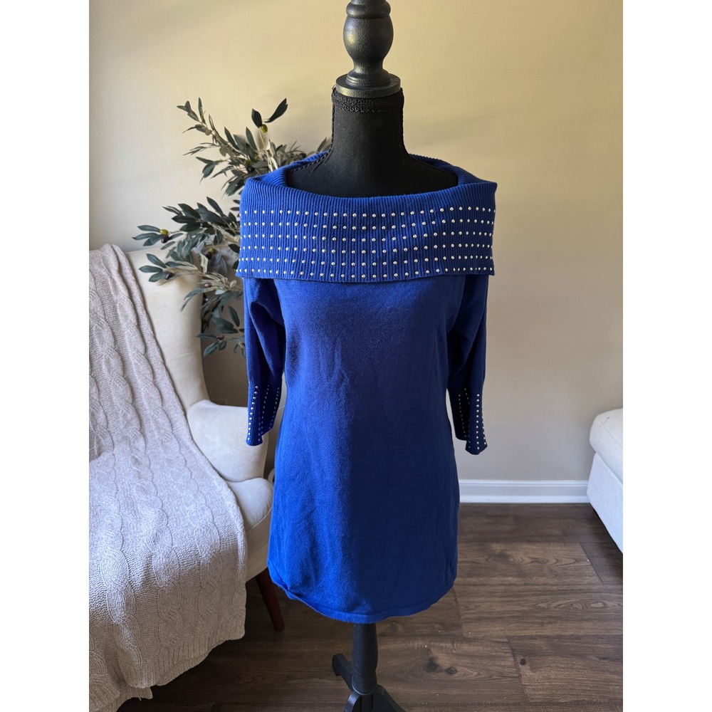 Questions Royal Blue Studded Off the Shoulder Tunic Sweater Womens Large Cobalt